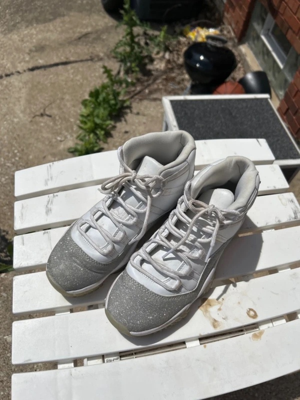 Kids White and Silver Glitter High-Top Sneakers